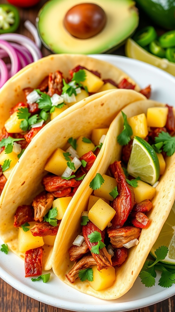 A plate of pork tacos al pastor with pineapple and cilantro, served with lime wedges.
